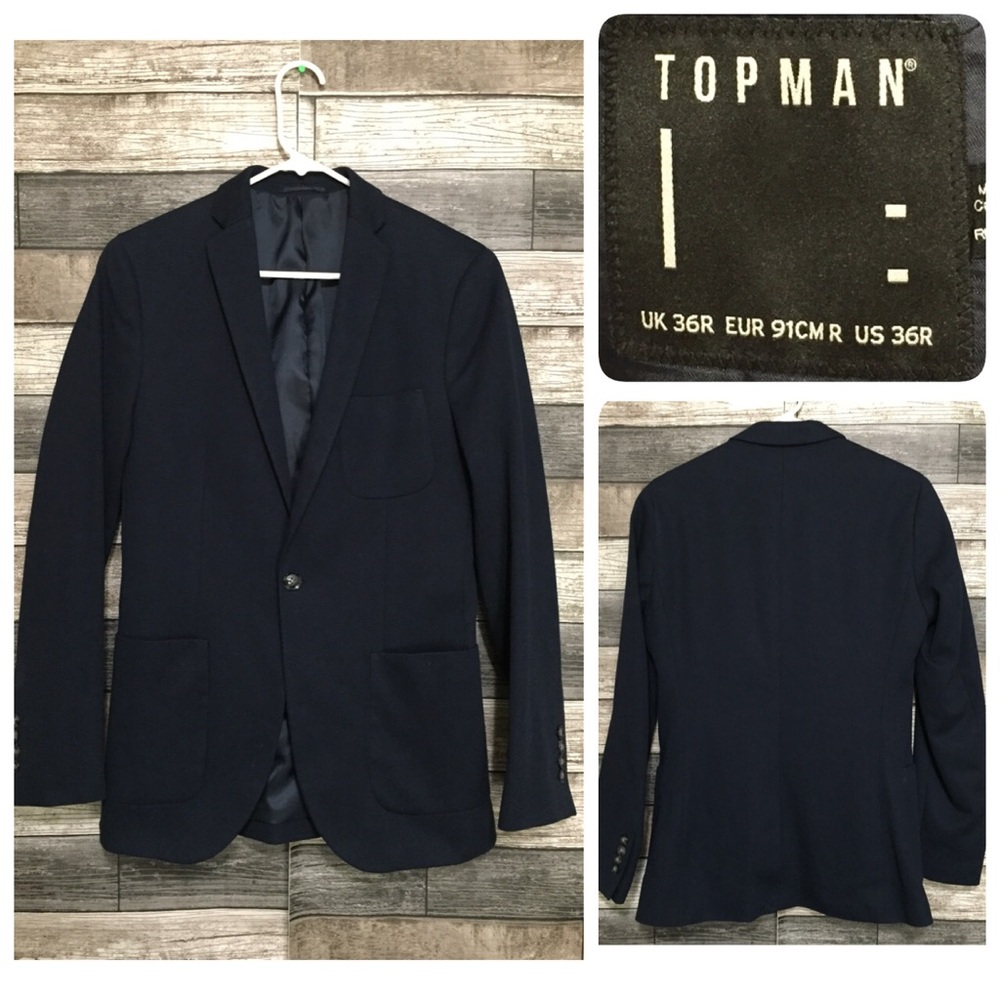 Topman One Button Blazer Men’s 36R Navy Blue Polyester Blend